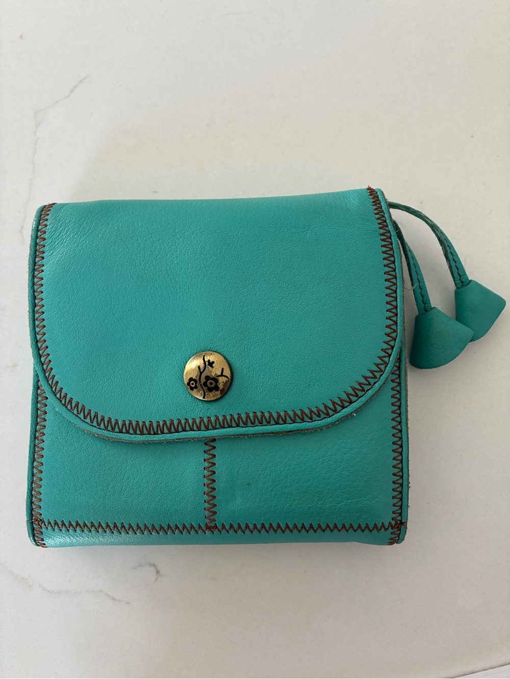 Lucky Brand Turquoise Blue Leather Boho Bifold Wallet Tassels Stitching